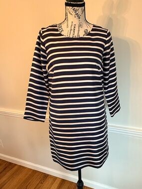 J. Crew 100% silk Navy and White Striped Long-Sleeve Shift Dress